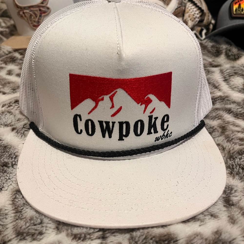 White and Red Snapback Hat with Mountain Logo